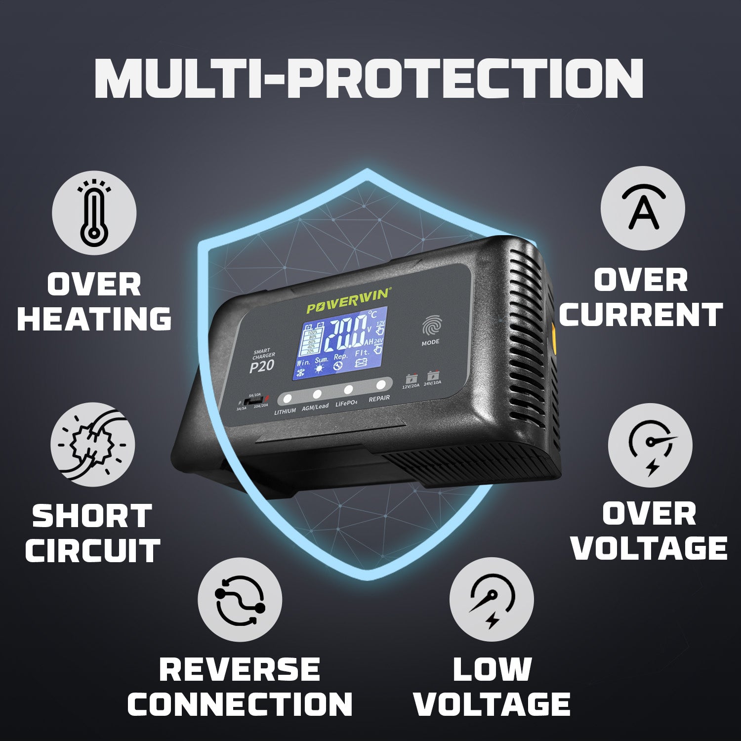 Powerwin P20 12V/24V 20A Automatic Battery Charger for Car, Truck,