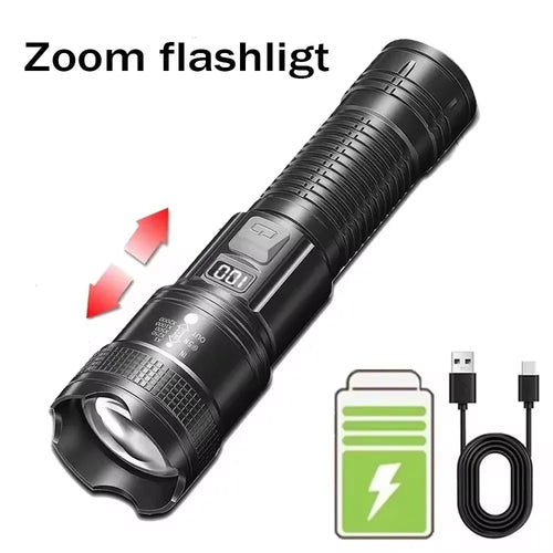 Ultra Bright LED Flashlight 2000LM Type-C Rechargeable Long Range Zoom