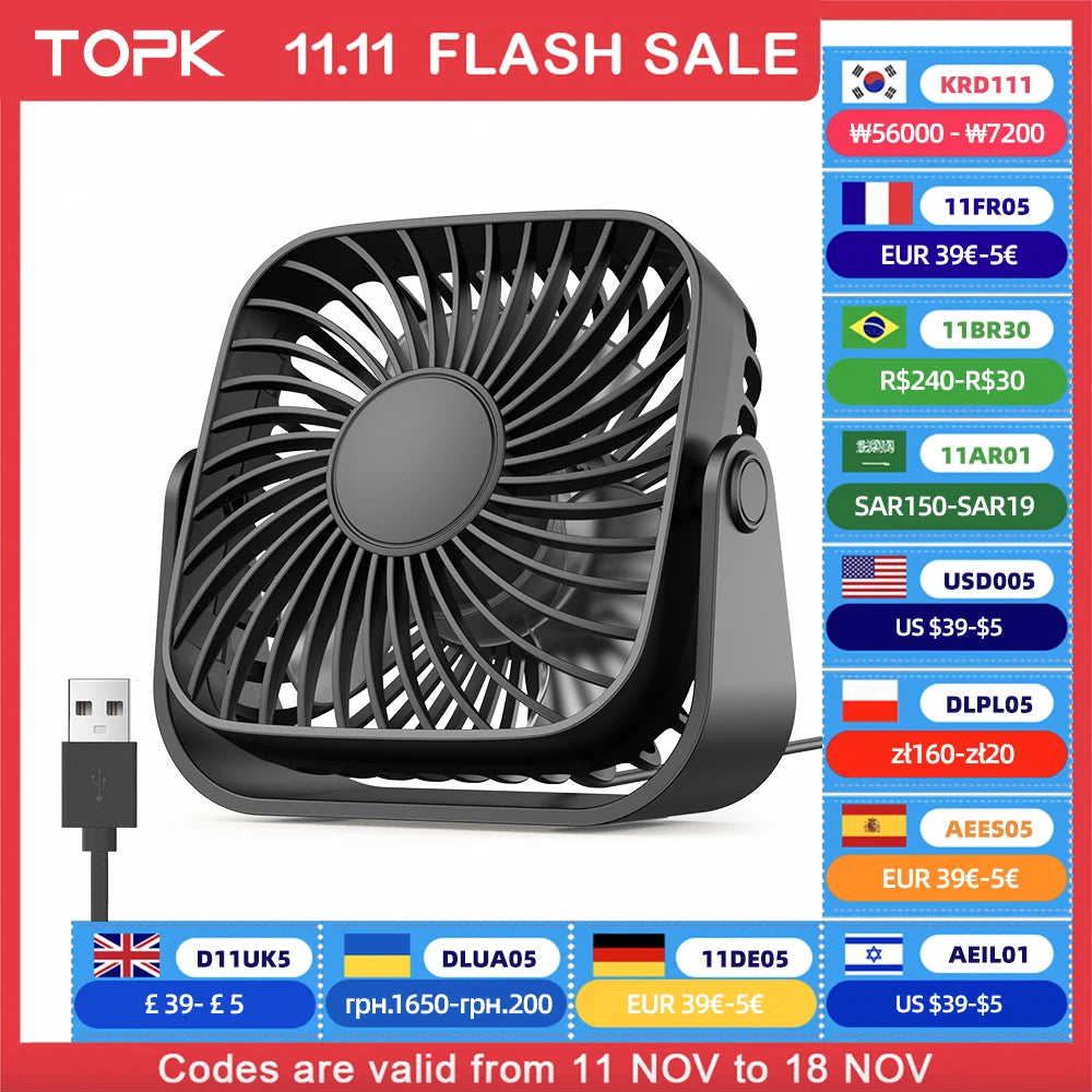 TOPK 4Inch USB Mini Portable Fan for Camping,3 Speeds Quiet Desk Table