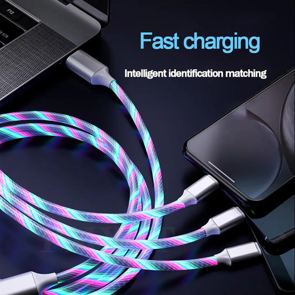 C?ble De Charge Rapide 3 En 1 Avec ?clairage LED, 3A, Micro USB Type
