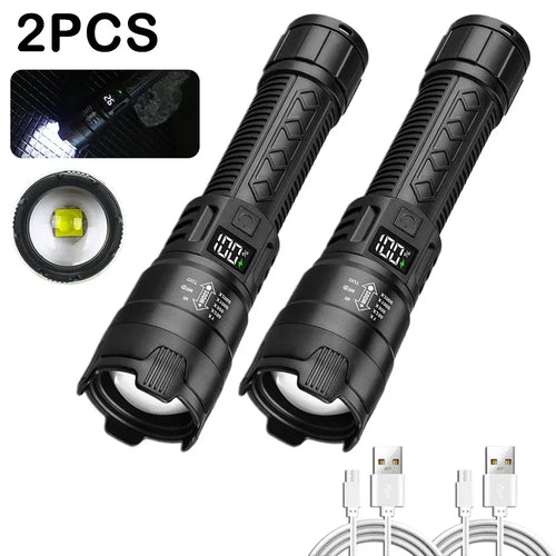 Ultra Bright LED Flashlight 2000LM Type-C Rechargeable Long Range Zoom