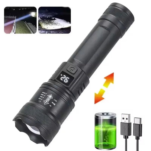 Ultra Bright LED Flashlight 2000LM Type-C Rechargeable Long Range Zoom
