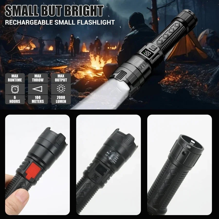 Ultra Bright LED Flashlight 2000LM Type-C Rechargeable Long Range Zoom