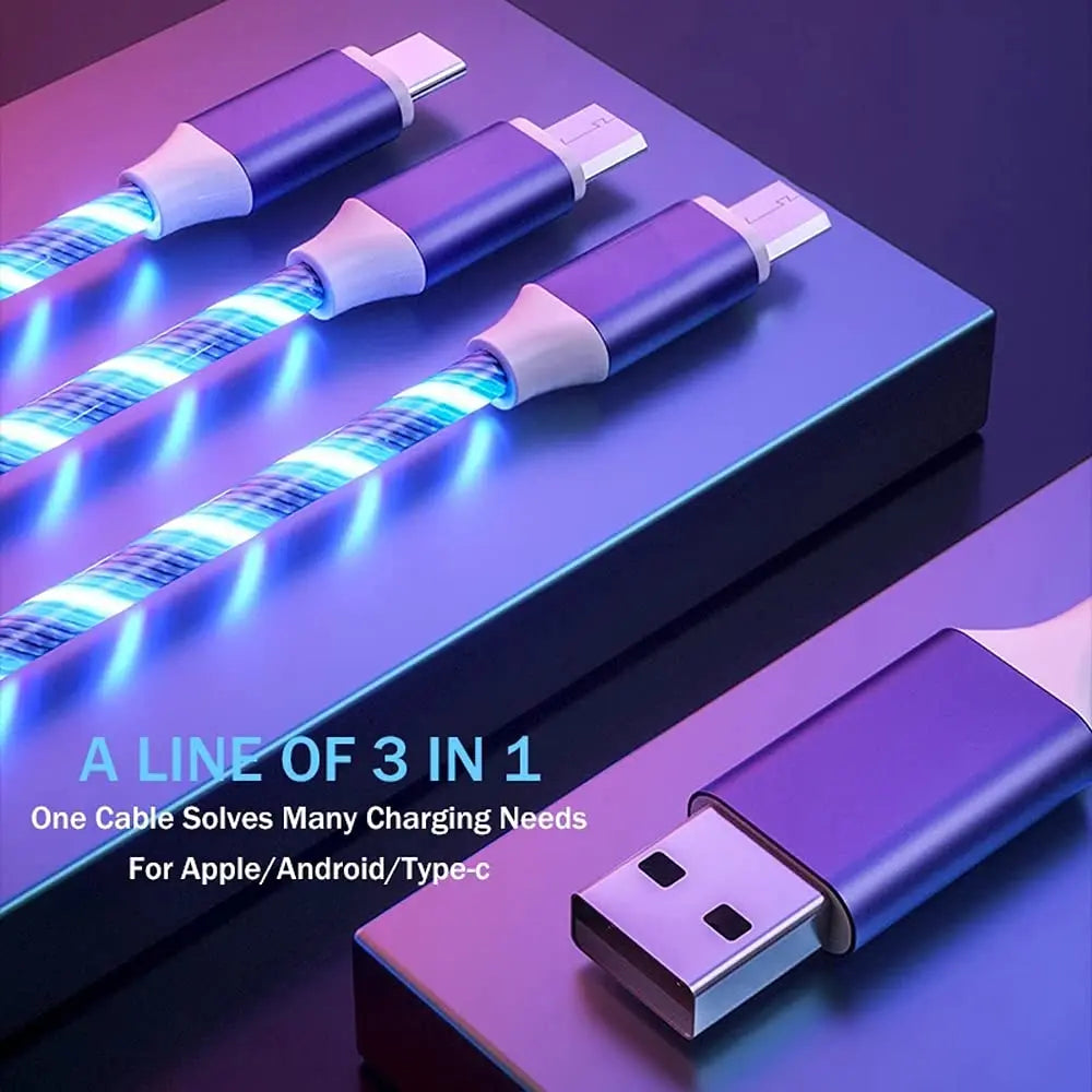 C?ble De Charge Rapide 3 En 1 Avec ?clairage LED, 3A, Micro USB Type